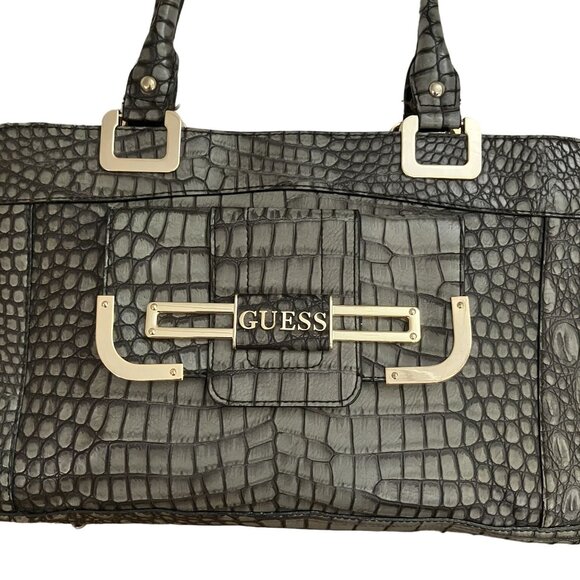 Guess Black Croc-Embossed Faux Leather Tote Bag Handbag With Inner Pockets & Log - Picture 3 of 6